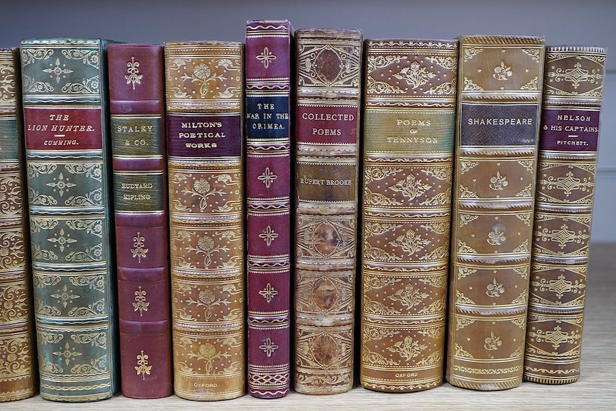 Eighteen various leather bound books to include Stories From Homer, Nelson & His Captains, The War In The Crimea, Poems of R. Browning etc. Condition - fair to good